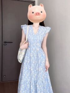 French Romantic V-Neck Floral Print Dress Women Summer Waist-Cinching Fairy Tale Date Gown Cotton High Waist A-Line Skirt