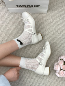 Silver Mary Jane Ballet Flats Womens New 2025 Summer French Gentle Butterfly Knot Square Head Thick Heel Semi-Up Booties