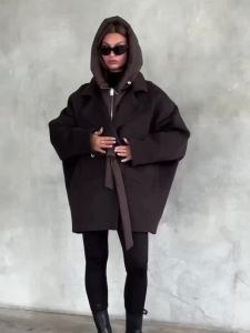 Thick Zippers Loose Wool Blend Fake Two Piece Hooded Women Jacket Pocket Puffer Liner Mid Length Coat 2026 Winter Lady Outerwear