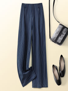 TUOYUN | Deep Blue Vertical Striped Wide Leg Pants Womens High Waist Slim Straight Cut Drapey Commute Suit Trousers Stylish Casual