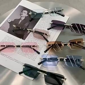 GLAZZY Stainless Steel PC Two Tone Rimless Cut Rectangle Sunglasses Neutral UV Protection Business Driving Eyewear