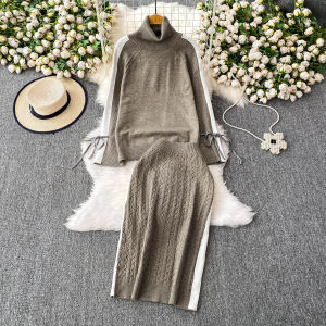 Fashionable Thickened High Collar Slim Fit Hoodie Knitted Sweater And High Waist Mini Skirt Two Piece Set for Young Women