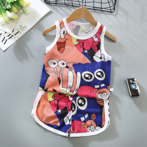 ชุดกีฬาลำลองสำหรับเด็กผู้ชายและเด็กผู้หญิงในฤดูร้อน ชุดเสื้อกั๊กแขนสั้น กางเกงขาสั้นลายการ์ตูน ชุดสองชิ้นสไตล์เกาหลี