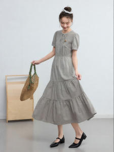 BY IHAPPY | Đầm Dáng A Có Váy Xòe Cổ Tròn Tay Ngắn Cotton Gingham Patchwork