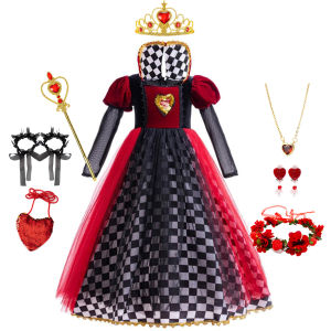 Girls Queen of Hearts Cosplay Dress Black White Checkered Skirt with Red Tulle Kids Halloween Costume Theme Party Outfit