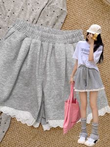 Gray Lace Trim Casual Pants Women High Waist Wide Leg A-Line Straight Cut Commute Style Fashionable Spring Autumn Shorts