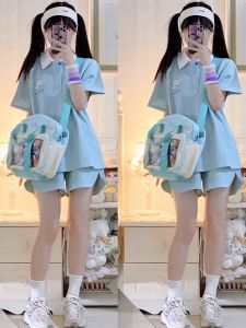 Purified Cotton College Style Polo Shirt Student Loose Sportswear Suit Female Summer Casual Short Sleeve Shorts Two-piece Set Tide