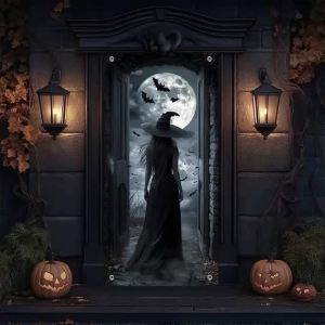 Halloween Witch Door Banner Full Moon Bat Creepy Castle Porch Indoor Outdoor Haunted House Horror Party Seasonal Decor Ornament