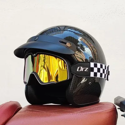 BONINGYU | Mũ Bảo Hiểm Mô Tô 3/4 Sợi Carbon Phong Cách Retro Dùng Quanh Năm