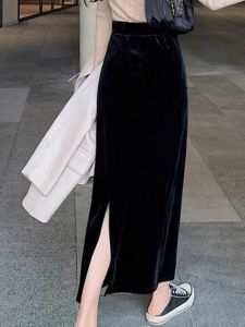 Big Sale Leak-Picking Counter Withdrawal Plus Size Gold Velvet Skirt Female Spring and Autumn High Waist Mid Length Long Length Slit Sheath Skirt