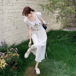 French Vintage Sleeveless Dress Commuter Style Womens Workwear Light Maturity Summer Long Skirt A-Line V-Neck Single Button
