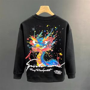 Chinese Dragon National Style Print Sweatshirt Mens 2024 Spring and Autumn New Arrival Silm Leisure Pullover round Neck Long-Sleeved Shirt Mens Clothing