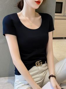 เสื้อยืดคอกลมแขนสั้นทรงเข้ารูปผ้าฝ้ายแท้สำหรับผู้หญิงในช่วงฤดูร้อน สไตล์เรียบง่าย สีพื้น เสื้อยืดคอกลมสำหรับผู้หญิง