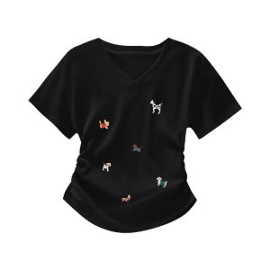 Summer New V-Neck Short Sleeve Black Shoulder T-Shirt Women
