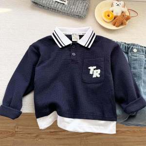 Korean Style Long Sleeve Polo Shirt for Boys Simple Turn Collar Spring Autumn New Arrival Childrens Fake Two-Piece T-Shirt