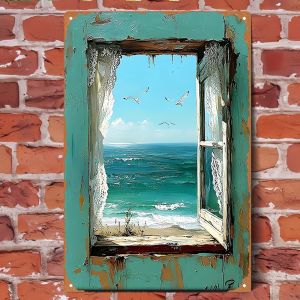 CIFbuy | 2D Vintage Seaside Seagull Retro Tin Sign 20x30cm Cửa Sổ Bị Vỡ Chủ Đề Nhà Nghệ Thuật Treo Tường Trang Trí Mảng Kim Loại
