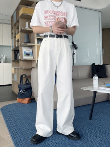 Pure Color Cotton Denim Pants Loose Straight Leg Floor-Length Mens Casual Trousers Four Seasons Wear Couples Style