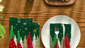 Horaldaily Christmas Cloth Napkins 18 x 18 Inch Green Christmas Pine Tree Stars Red Party Dinner Decoration Washable Napkins Set of 4