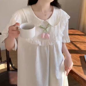 Summer Short-Sleeve Nightdress With Built-in Bra Pads Lightweight Cloud Cotton Sweet Princess-Style Homewear