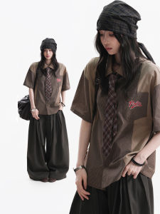 zuocisankon | Retro Contrast Splicing Deconstructed Plaid Short Sleeve Shirt