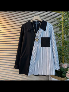plus Size Womens Shirt Spring New Loose Top Striped Color Block Slimming Autumn Initial Fatty Sister Korean Style Commute
