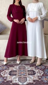 Gamis Pesta Crinkle Lengan Panjang Renda Belakang Zipper Elegan