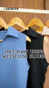 Zeneya Tree Bark Crepe Blouse: A Sleeveless Plain Collar Top For Women