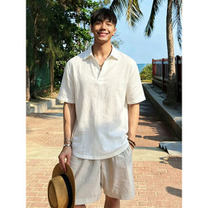 OUMULONG | Cool Breathable Old Money Style White Linen Mens Polo Shirt