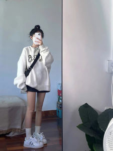 Pure Cotton round Neck Sweatshirt Womens Fun Print Oversize Lazy Style Small Size Top Comfortable Korean Version Long Sleeve