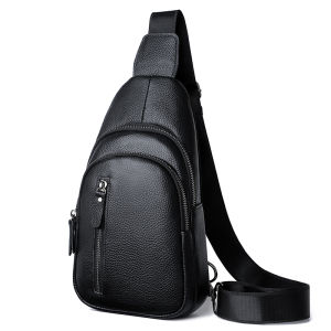 Retro Genuine Leather Chest Bag Top Layer Cowhide Slant Shoulder Casual Leisure Mens Backpack Small Size Soft Polyester Lining