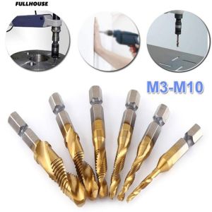 Mũi khoan taro ren M3-M10 phủ Titanium chuôi lục giác - Bộ 6 mũi khoan tạo ren Titan cao cấp