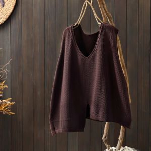 Short Spring and Autumn Pure Color Cotton Thread Knitwear Pullover Vest Womens V-neck Sleeveless Sweater Outer Wear Bottoming Loose Vest