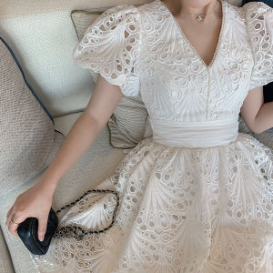 RYRYSTYLE Thailand Chaopai เดรสรัดรูปเอวสีขาว9477ลูกไม้ละลายน้ำได้สำหรับผู้หญิง