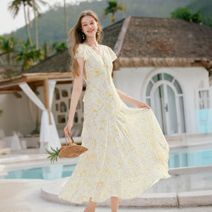 XIANGYING | V-Neck Floral Print A-Line Dress