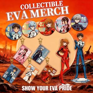Bandai | EVA Evangelion Anime Merchandise Set Acrylic Stand Keychain Badge Double Sided Flashing Pin Keyring Accessories Collection Gift