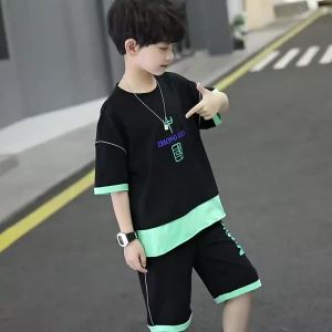 《302》Angugu cotton Boy Suit 2025 New Summer Childrens Short-sleeved Shorts Big Boy Boy Imitation Cotton and Linen Two-piece  3 To 4 To 5 To 6 To 7 To 8 To 9 To 10 To 11 To 12 Year Old Sando Blouses T-shirt for Boys Kids Terno for Teens Sa