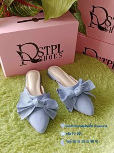 รองเท้าหัวแหลมส้นเตี้ยโบว์แฮนเมด วัสดุทำจากผ้าแคนวาส พื้นสป๊องพาราอย่างดี