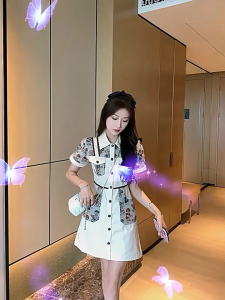 summer button down polo top for woman Casual Korean Style Short Sleeve Shirt Dress plus size floral