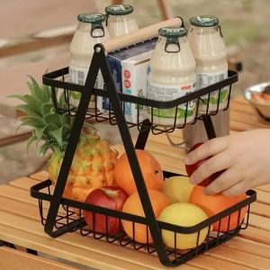 2/3 Tier Kitchen Organizer Rack Fruit Basket with Detachable Metal Holder and Wooden Handle Vegetable Bread Snacks Storage Shelf