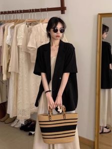 Plus Size French Style Short Sleeve Suit Outwear Womens Summer Loose-Fit Wear Loose Slim Looking Sling Dress Two-piece Set