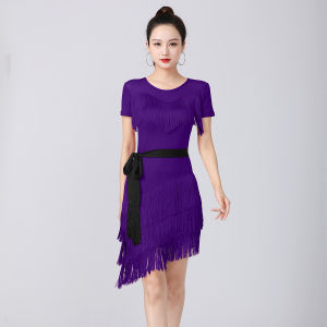Women Short Sleeve Fringed Latin Dance Dress High Slit Slim Fit Adult Professional Practice Performance Ballroom Costume