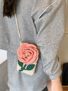 Sweet Flower Design Handmade Knitted Mobile Phone Bag Casual Crossbody Bag Fabric Material Vertical Style Youth Suitable