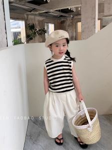 Phong Cách Hàn Quốc Bé Gái Cộc Tay Không Tay Cổ Tròn Sọc Áo Hai Dây Áo Khoác Ngoài Mỏng Mùa Hè Em Bé Quần Áo Cotton Vải Bông Thoáng Khí Thời Trang Trẻ Em