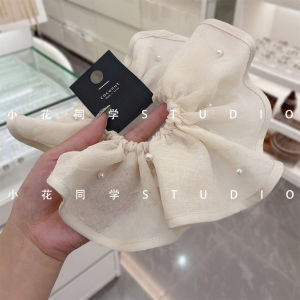 Elegant Pearl Embellished Lace Cotton Linen Hair Tie Beige Fresh Outburst Korean Style Fashionable Hair Accessories