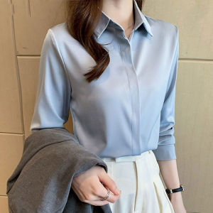 White Silk Feel Shirt Womens V Neck Long Sleeve Spring Summer New Style Commute Friendly Office Wear Large Size Blouse