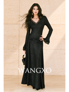 WANGXO | Đầm Vòng Cổ V Voan Lấp Lánh Thắt Nút Ôm Sát Dáng A Nhẹ 100% Acetate