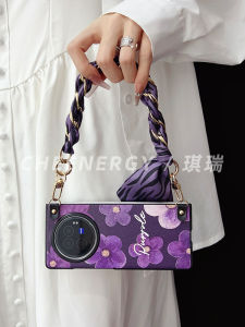 Purple Flower Design Phone Case for Vivoxfold3 pro Foldable Screen Crossbody Silk Scarf Handchain Protection Cover Vintage Chain