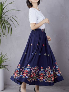 Elegant High Waist A-Line Long Skirt Spring Summer New Style Ethnic Cotton Linen Embroidery Dance Floor Length Skirts