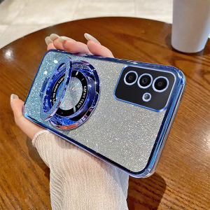 Samsung A34 Phone Case New Magnetic Attraction Stand Gradient Shiny Powder Electroplated Transparent Protective Cover for Galaxy Full Protection Anti-Fall Stylish Womens Shell Trendy