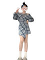 Blue Shirt And Dress Set Korean Style Early Spring Atmosphere Clothing Women's Fashion Checkered Print Long Sleeve Short Dress. 